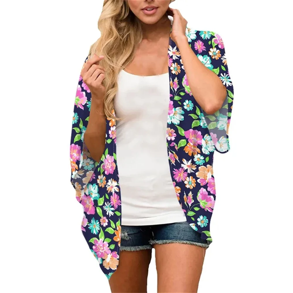 Women'S Floral Print Short Sleeve Cardigan Kimono Style Open Front Chiffon Cardigan Loose Cover Up Casual Blouse Tops Blouses