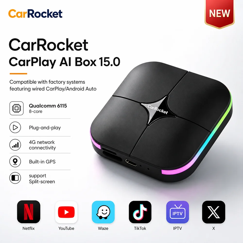 CarRocket Wireless CarPlay AI Box Android 15 Qualcomm 6115  Support YouTube Netflix TikTok 4G LTE TF Card GPS Plug & Play WIFI5