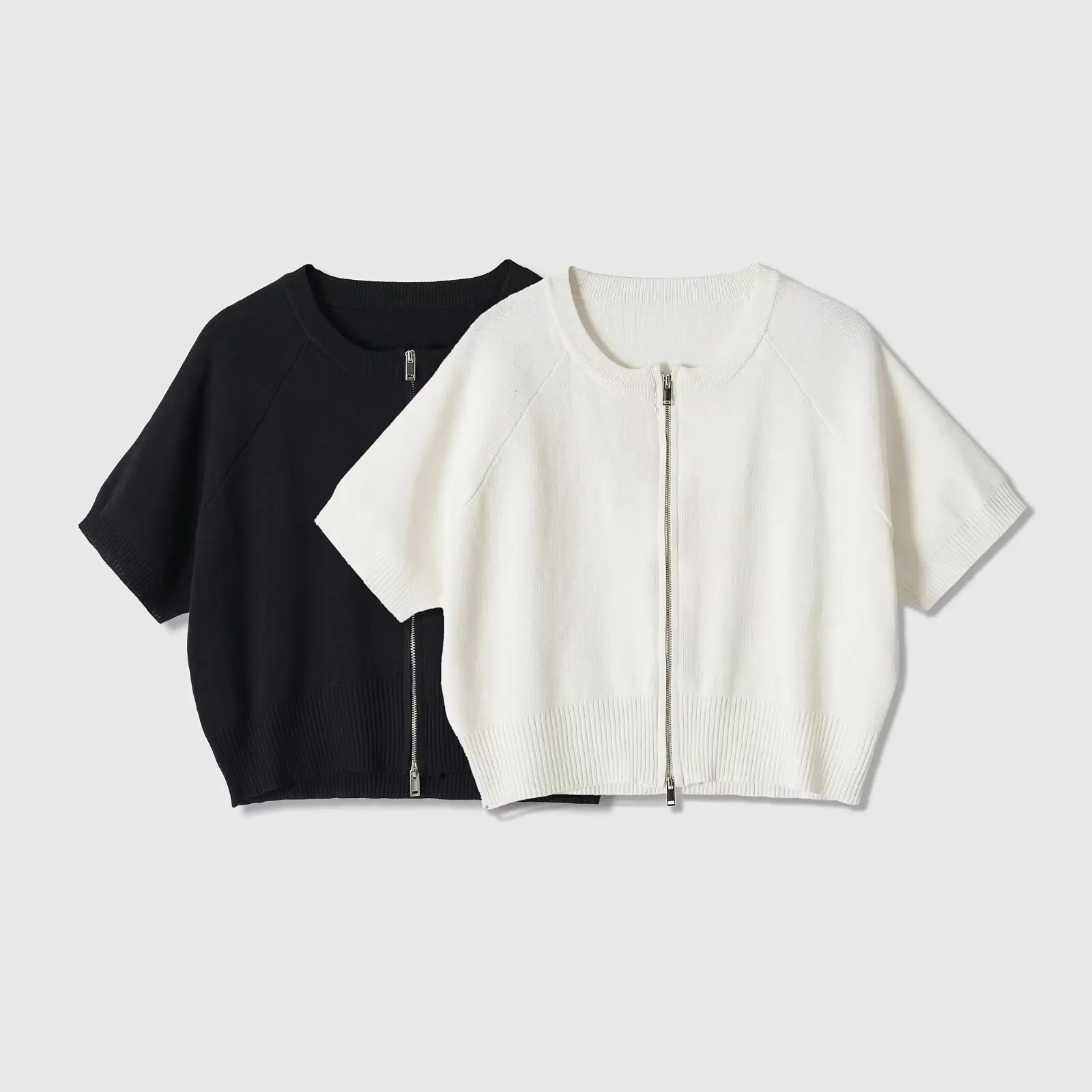 Chic Solid Knitted Shirt Women Sexy Two Way Zip Sweaters Short Sleeve Crop Tank Tops Casual Streetwear Outwear Blouse 2026