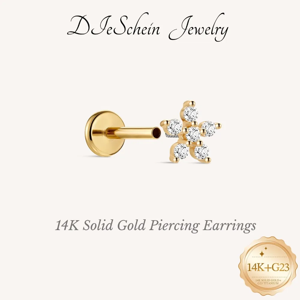 DIeSchein 14K Solid Gold Star CZ Cartilage Stud Earring Internal Thread Flat Back Labret Piercing Jewelry For Women