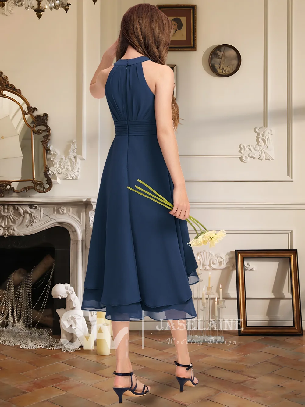 Elegant Junior Bridesmaid Dress Chiffon Halter Pleated A Line Flower Girl Dress With Asymmetrical Skirt Navy Girls Formal Gown