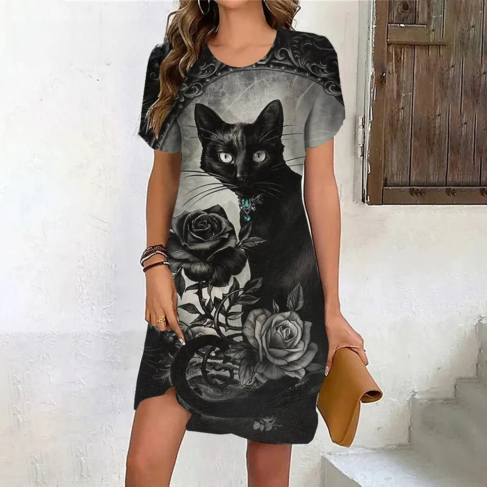 Mini robe classique de style gothique pour femmes, imprimé chat noir et fleur, robe vintage décontractée, manches courtes, robe respirante, mode estivale