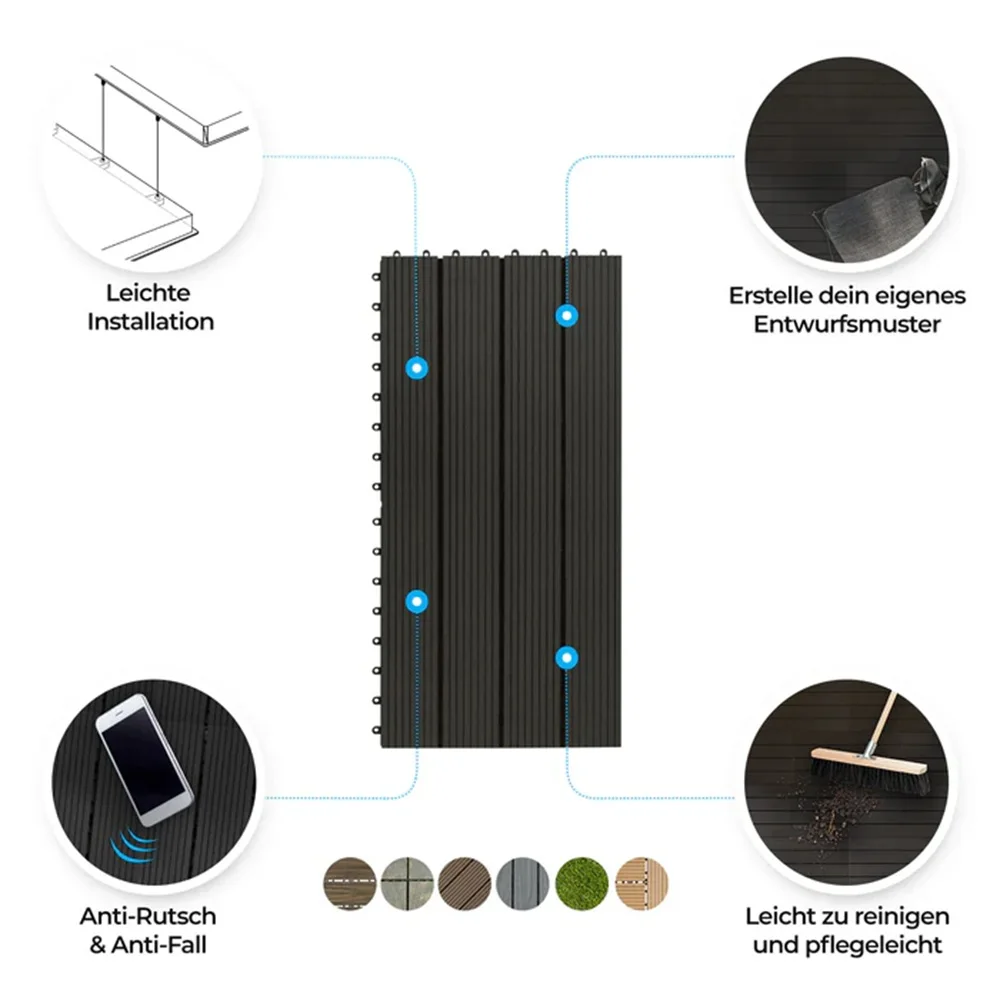 Afbeelding 9: WPC klik tegels terrastegels 30x60 cm klik systeem terrasvloer houtlook weerbestendig balkon terrasvloerplaat buitentegels antraciet Royal 22mm