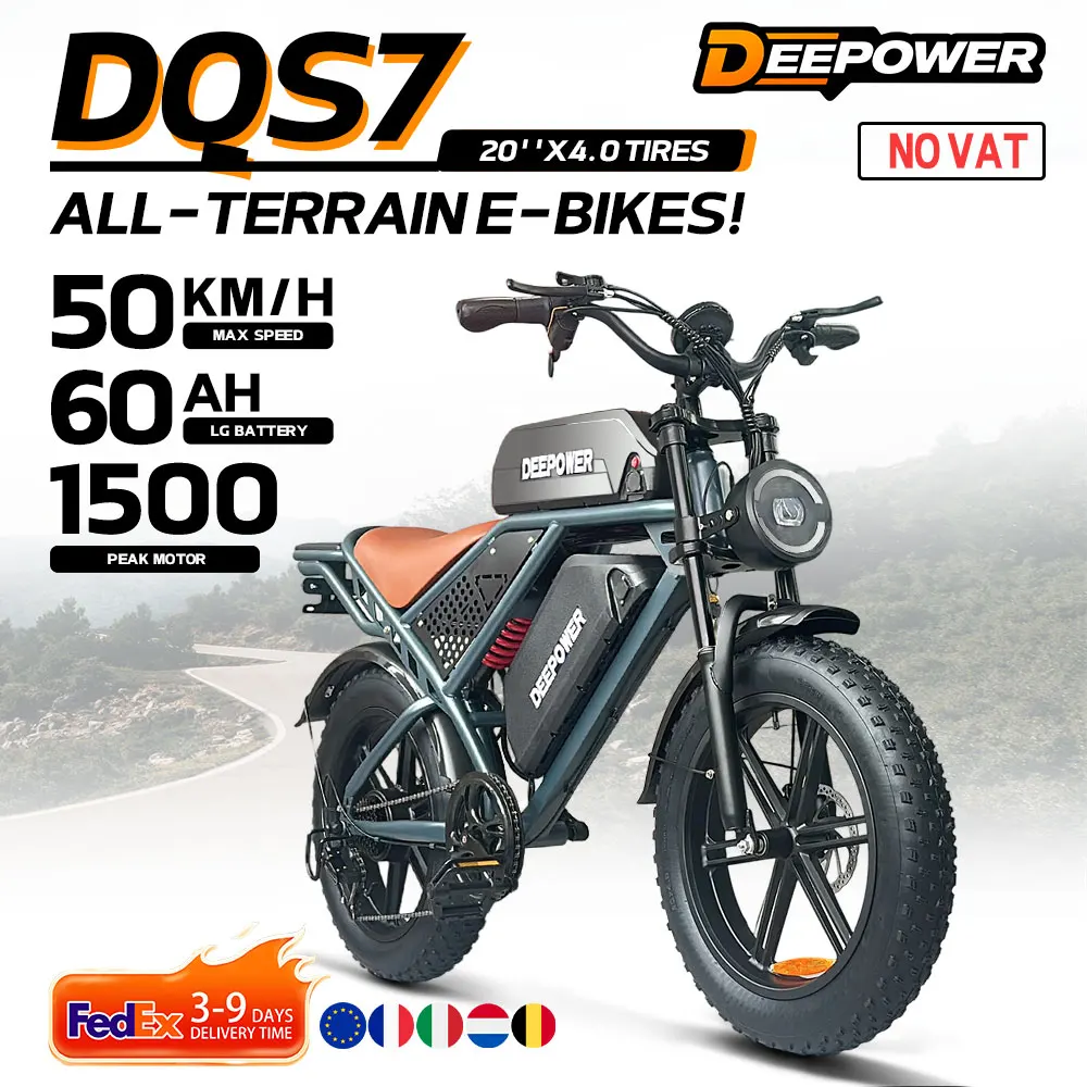 Vélo électrique EU Stock DEEPOWER QS7 1500W 48V 60AH avec batterie au lithium, pneus larges 20*4.0, vélo électrique tout-terrain, double amortisseur