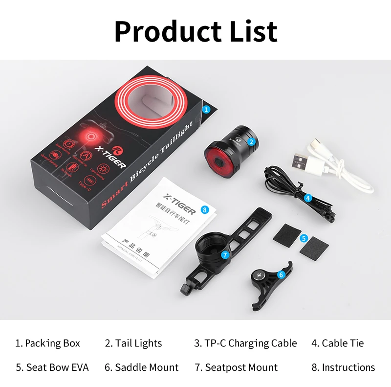 

X-TIGER Bicycle Tail Light Smart Brake Sensing Rear Bike Light Aluminum Waterproof Type-C 6 Lighting Modes Bike Accessories