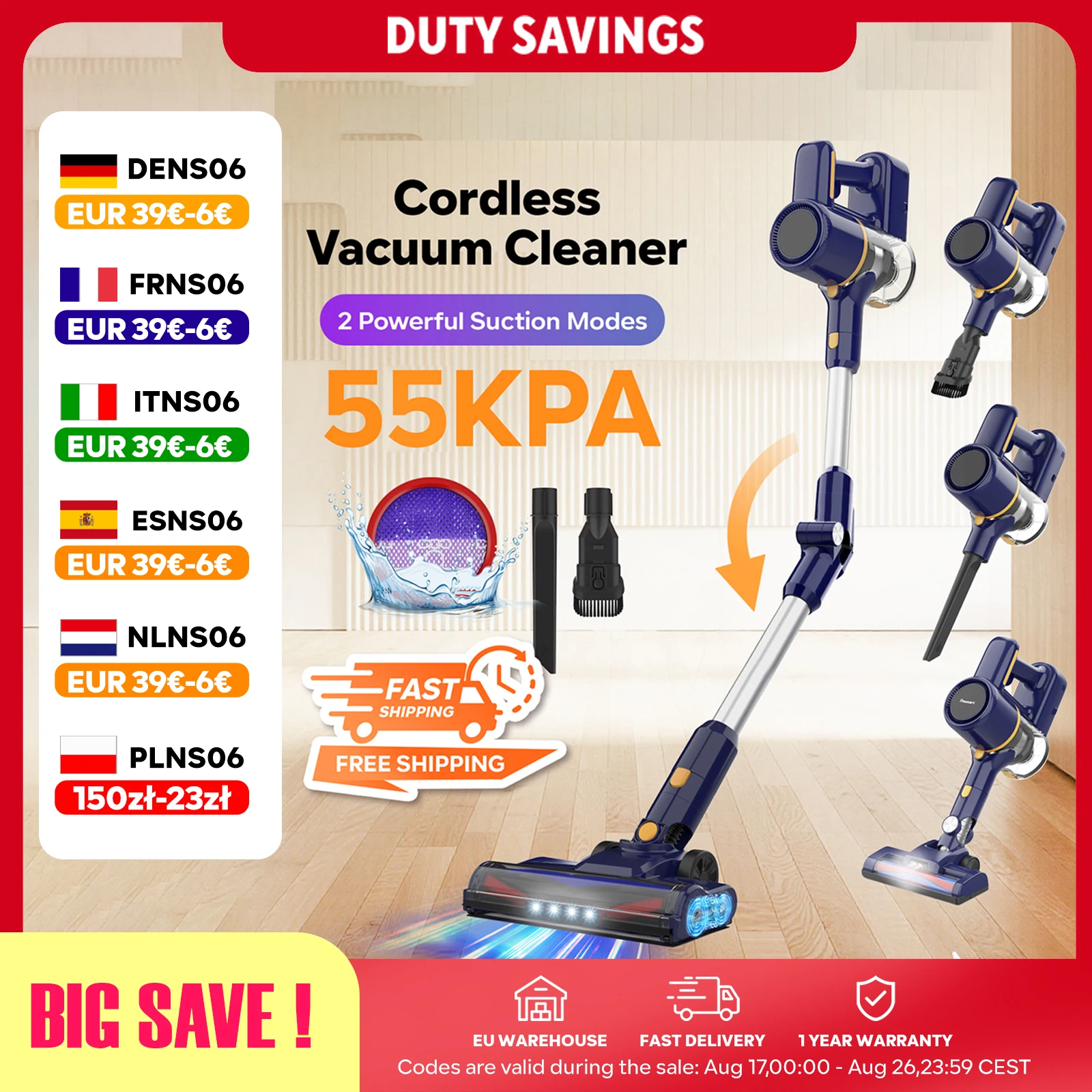 55KPa Aspirateur Balai sans Fil Puissant 40min Autonomie Tube Pliable 8*2200mAh LED Brosse V Nettoyage Tapis Sol Voiture