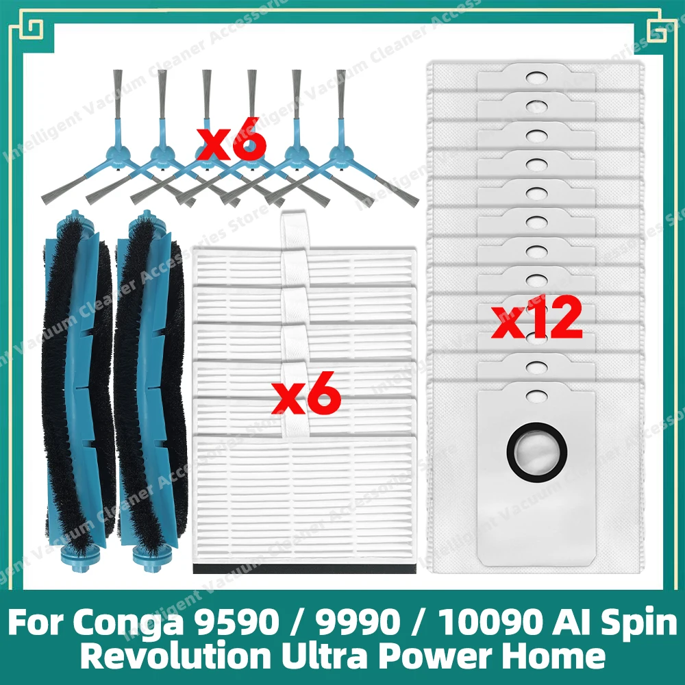 Compatible For Cecotec Conga 9590 / 9990 / 10090 AI Spin Revolution Ultra Power Home Spare Parts Filter Main Side Brush Dust Bag