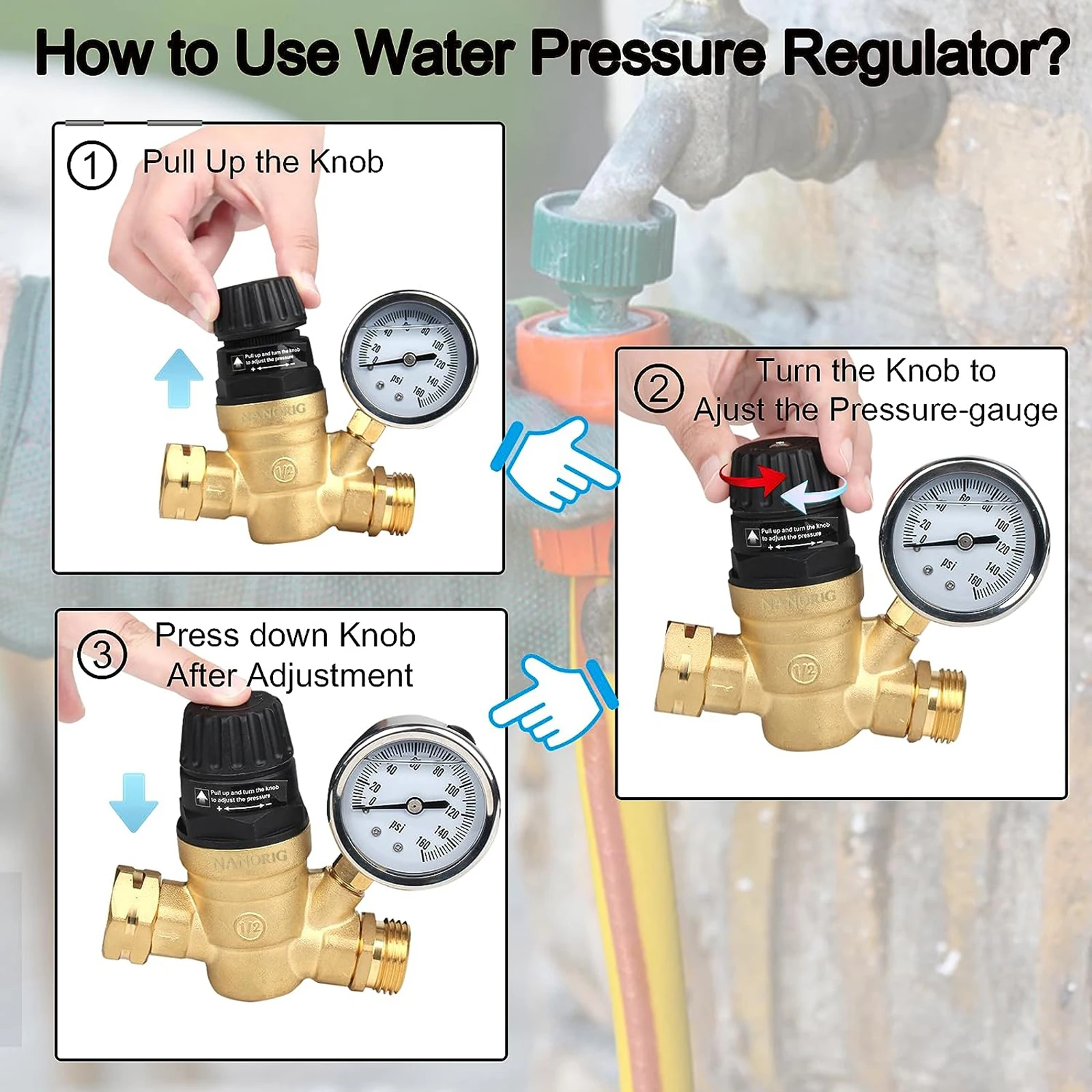 RV Water Pressure Regulator Adjustable Handle Water Pressure Reducer w/ Gauge 160PSI and 2 Inlet Screened Filters for RV Camper