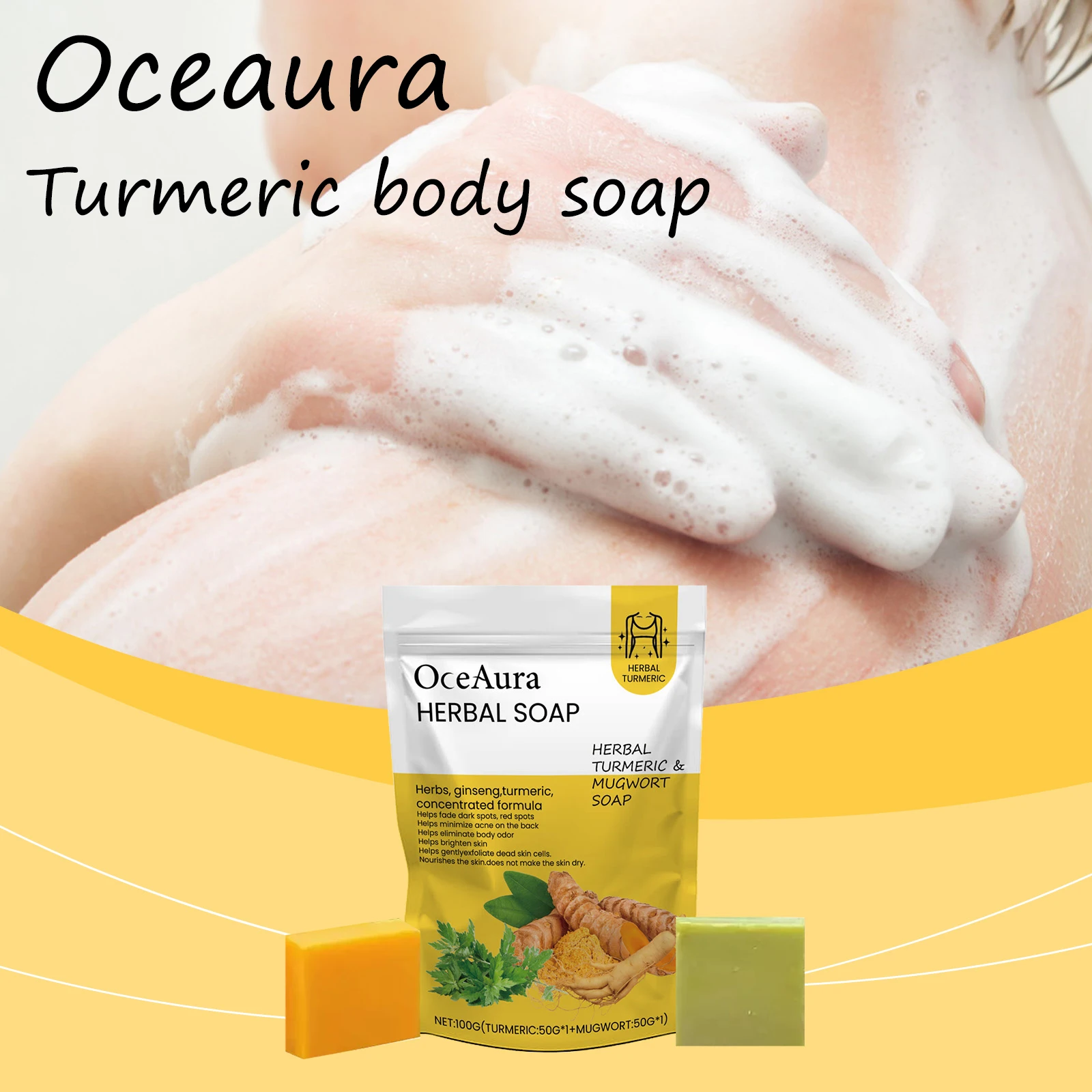 

Oceaura Turmeric Body Cleaning Soap Deep Cleaning Body Dirts Refreshing Oil Control Brightening Skin Tone Body Bathing Soap