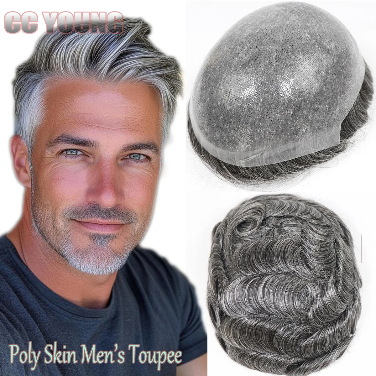Thin Poly Skin Toupee For Men PU Men's Hairpiece Virgin Human Hair Replacement System Pieces Male Hair Prosthesis Unit Gray Hair