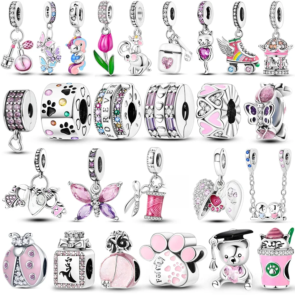 Breloques roses plaquées argent, parfum papillon, perles pendantes, adaptées au Bracelet Original, bijoux à faire soi-même pour femmes