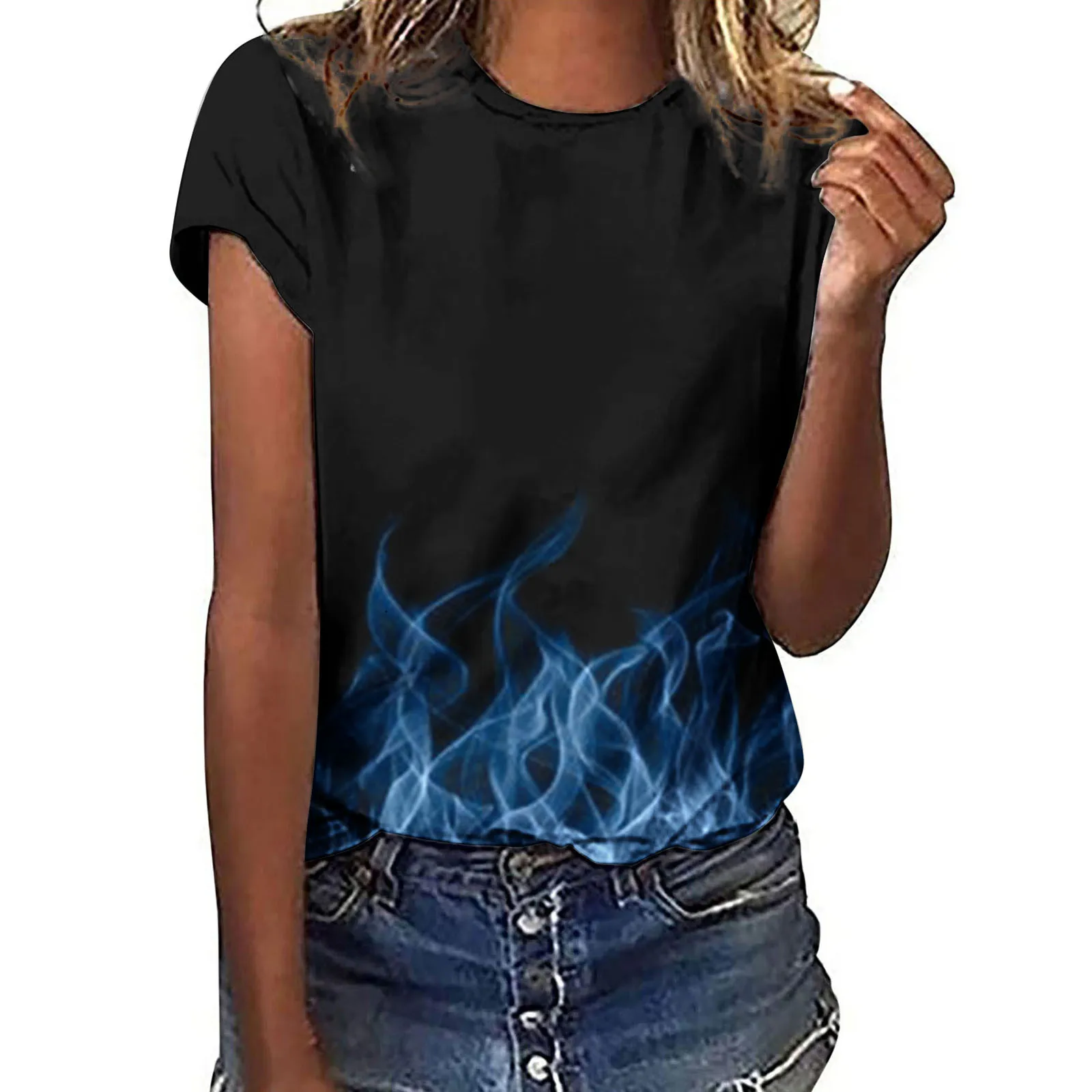 Summer New Large Size T-shirt Short Sleeve Flame Pattern 3D Printed Round Neck Casual Women Short Sleeve Top