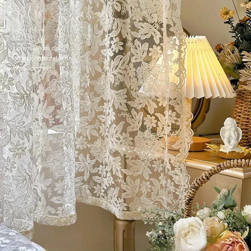 Französisch Stickerei Vorhänge Spitze Gaze für Wohnzimmer Schlafzimmer Creme Retro gewellten Rand