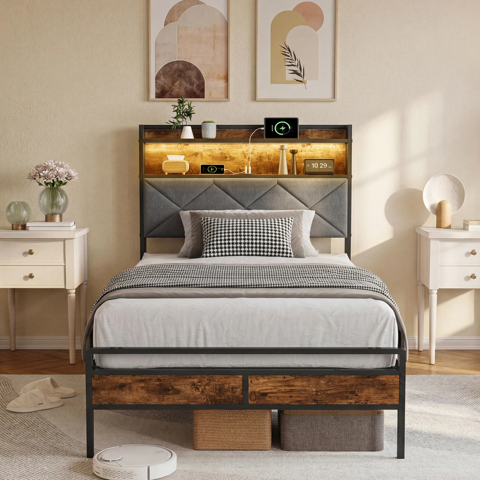 Superaly metalen bedframe met LED-verlichting en USB-oplaadstation, 90x200cm/140x200cm tweepersoonsbed/enkelbed met lattenbodem
