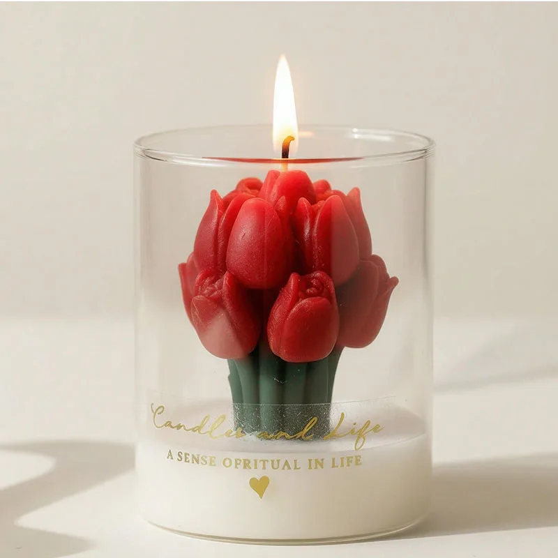 Tulpenkerze im Glasgefäß Dekorative Blumenkerze für Heim Zimmer Schreibtisch Deko Romantisches Geburtstags-Valentinstag-Geschenk für Frauen
