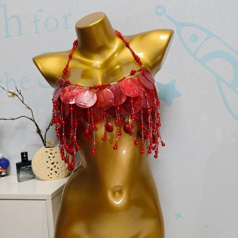 

Handmade Sparkly Mermaid Top Costume Women Belly Dance Green and Red Pearls Beaded Top Rave Outfit Sequins Beaded Bra Tops