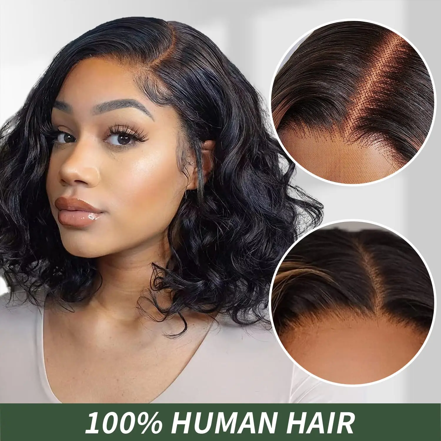 Onda do corpo curto Bob peruca de cabelo humano, transparente frente do laço, cabelo humano brasileiro, cor natural, 1B, 150% Densidade, 13x4