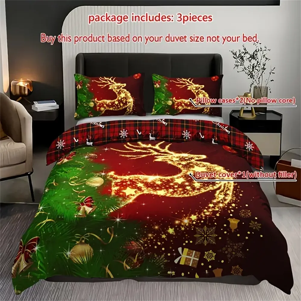 3pcs Christmas Bedding Set - Soft & Breathable Polyester, Includes 1 Duvet Cover and 2 Pillowcases with Festive Golden Star