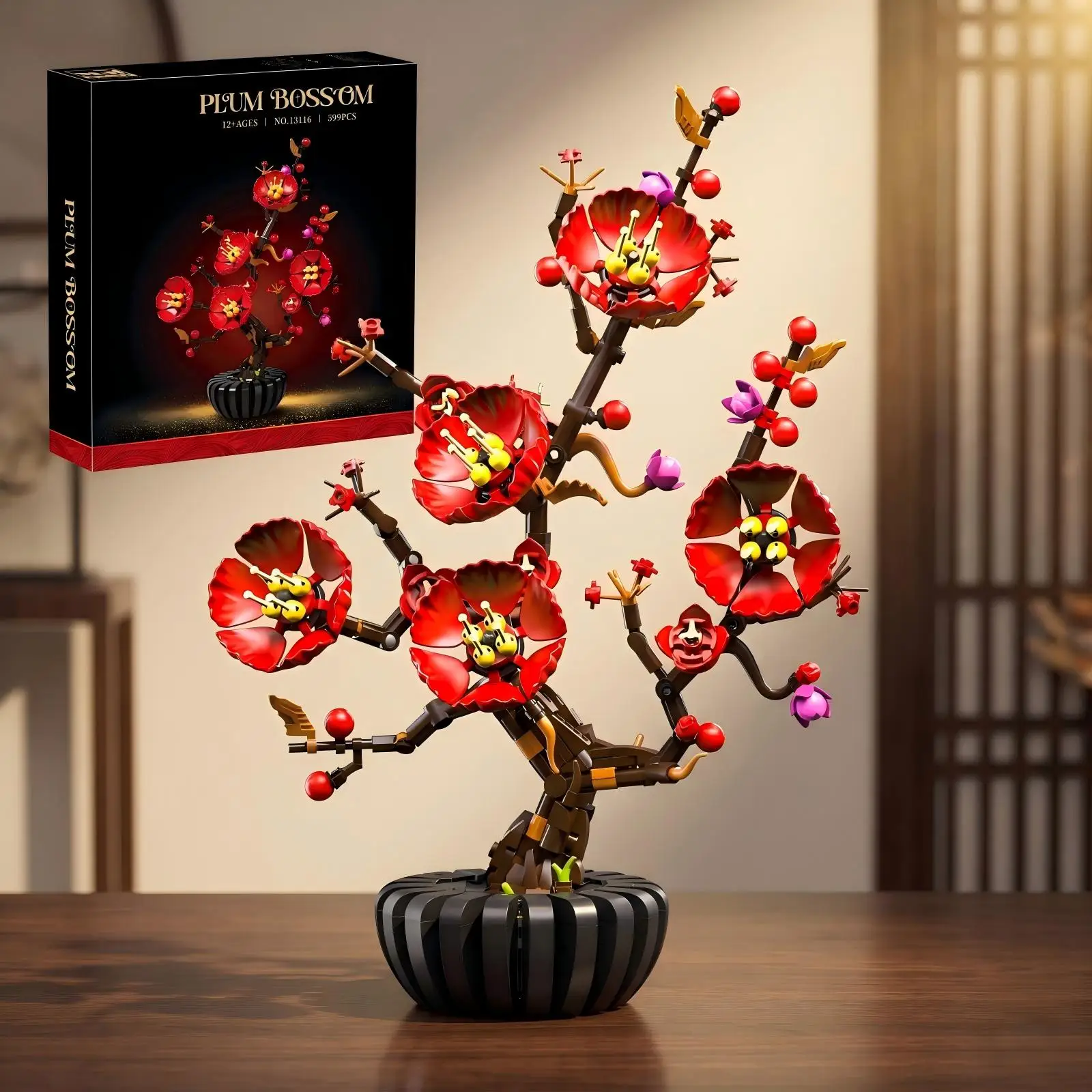 Plum Blossom Bonsai Building Kit, 599 Pieces Floral Block Set, Poseable Branch DIY Model, Never-Wilting Desk Shelf Home Office Decor Tree, Creative Gift for Teens Adults Ages 14+ Collector Living Space
