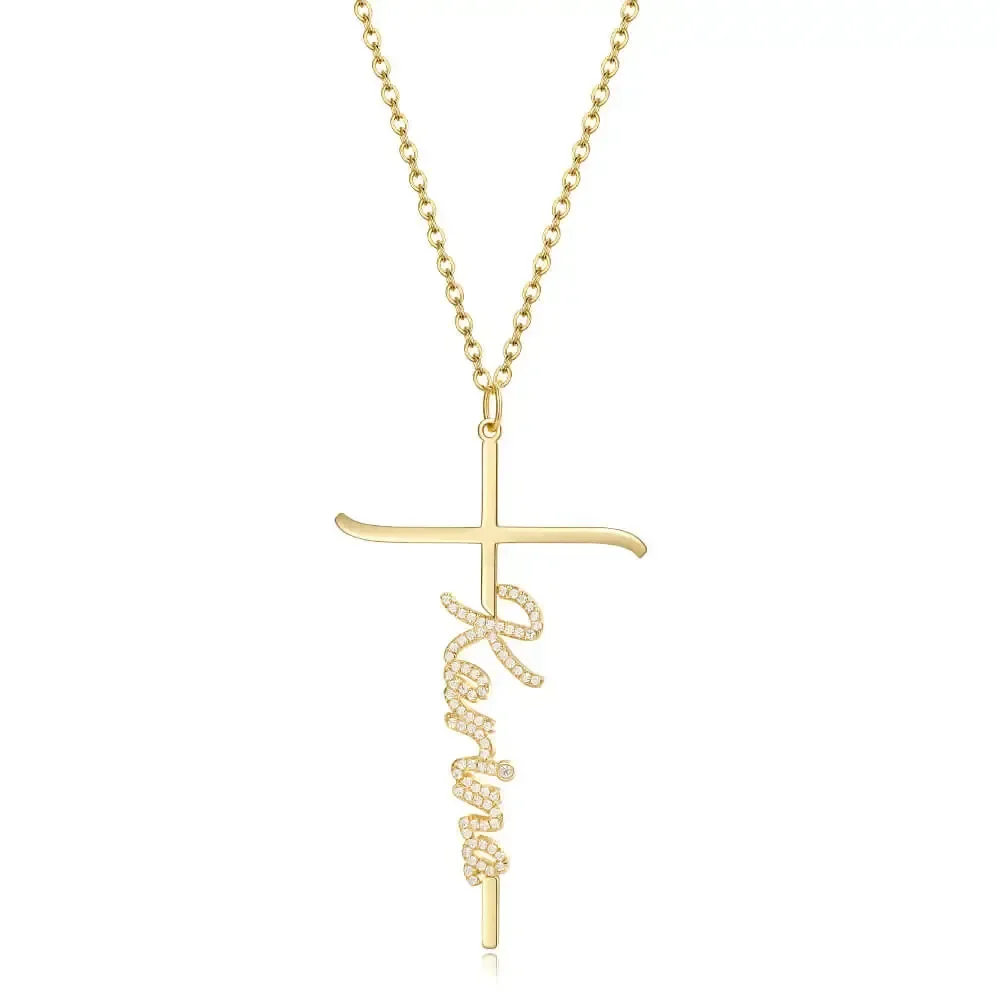 

Personalized Cross Name Necklace Zircon Letter Pendant High Quality 18K Gold Plated Give to Family Uniform for Men and Women