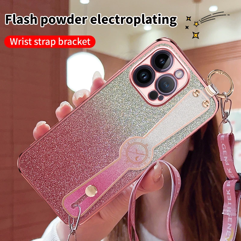 Non-slip  Wristband With Stand Shoulder Strap Shiny Phone Case For iPhone 15 14 13 12 11 Plus Mini Pro Max X XS XR 7 8