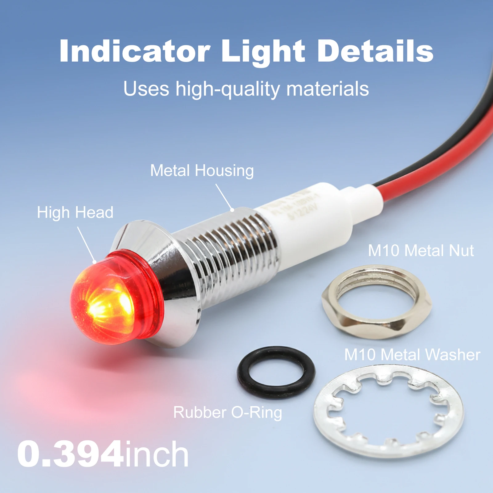 FILN 4 szt. 10mm 12V 220V Metalowe Lampki Kontrolne LED do Panelu Deski Rozdzielczej, Sygnalizacyjne, Ostrzegawcze, z Kablem 20cm, Wykończenie Chromowane, Samochód, Łódź, Marine