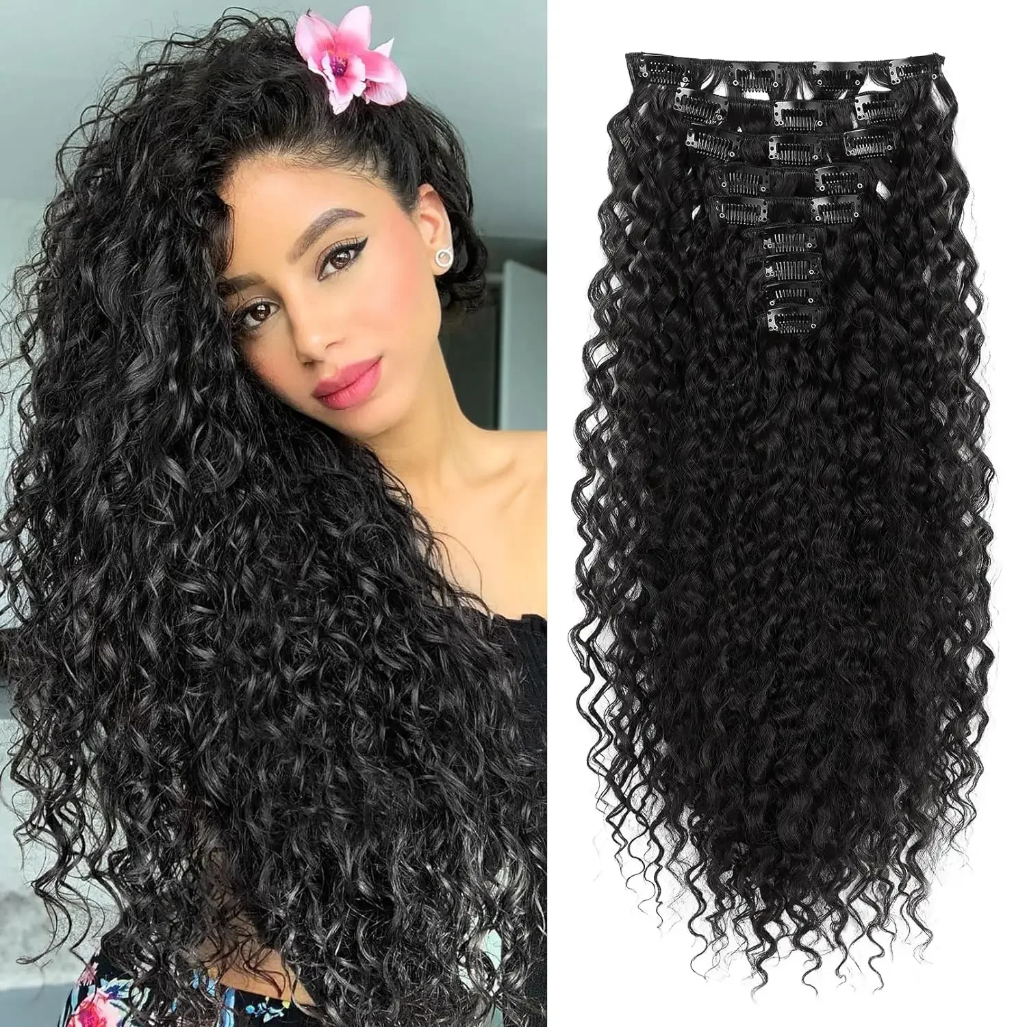 9 STKS Clip in Hair Extensions 22 Inch Krullend Haarverlenging Lange Zachte Synthetische Haarstukjes voor Vrouwen - afbeelding 2