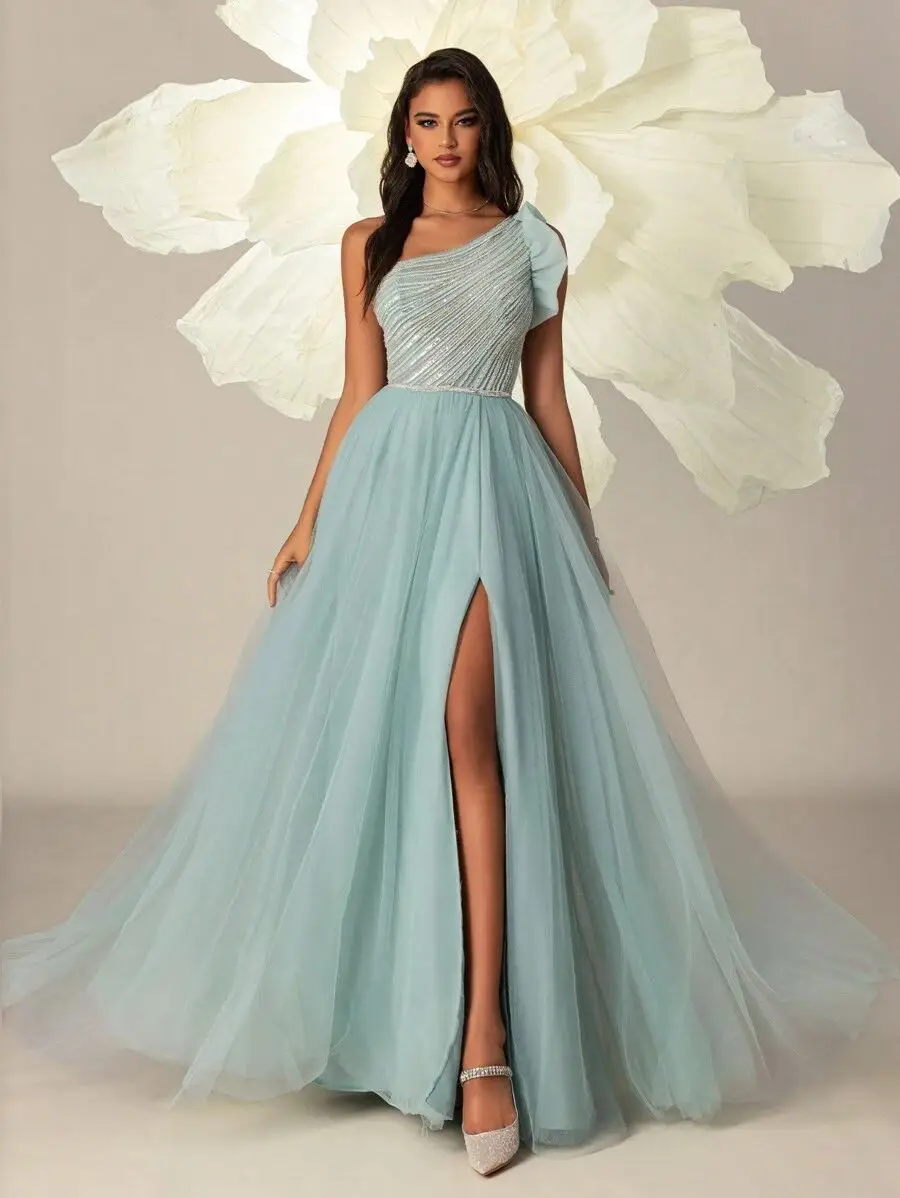 Sexy Mesh One-Shoulder Beaded Elegant High-Waisted Prom Dress Long Gown Evening Dress 2024 A-Line Sleeveless Party Gown vestidos