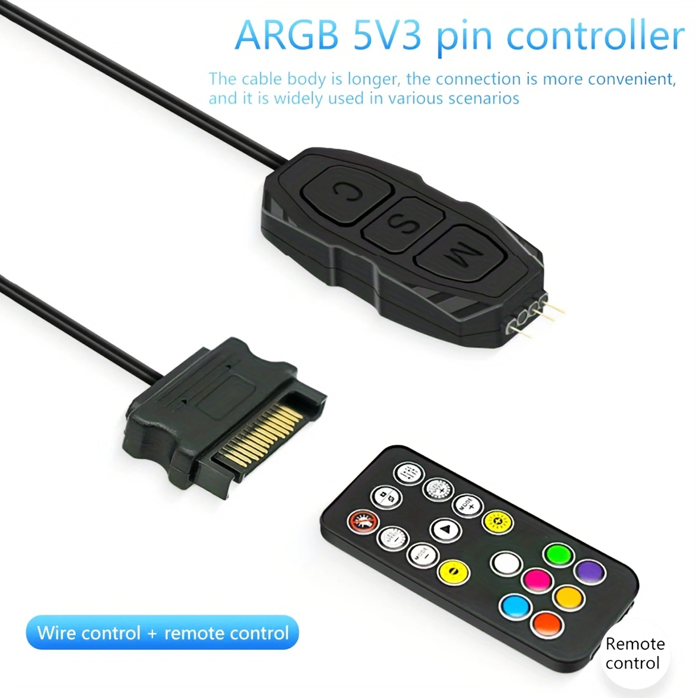 

Computer case ARGB controller kit, 5V 3PIN to SATA power supply, Aura PC ARGB light control module, with 17-key remote control