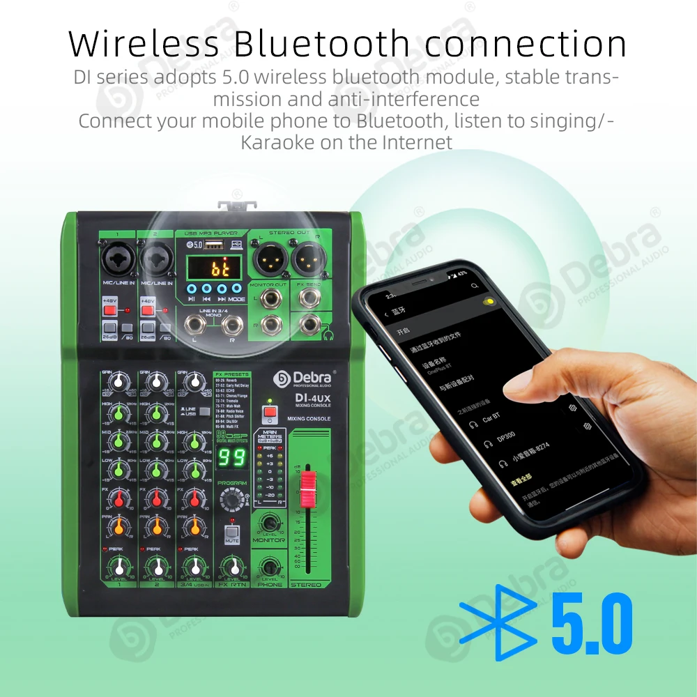 Debra Mixer Audio per Console DJ a 4 canali con riverbero digitale 99DSP Bluetooth 5.0 professionale per la registrazione di PC da palco Karaoke