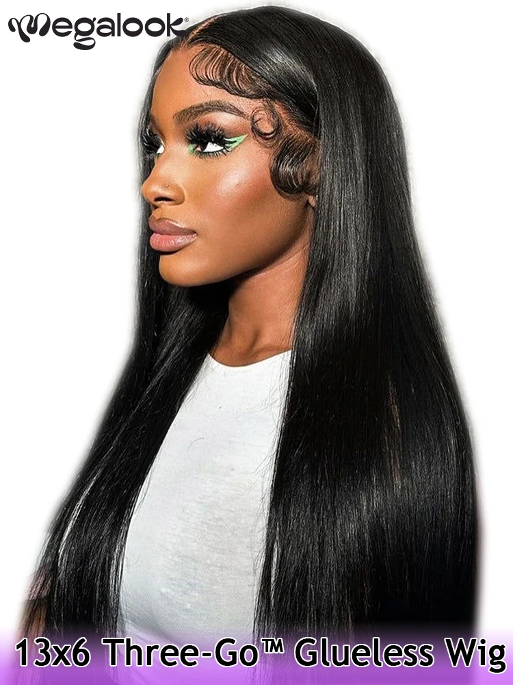 

Megalook Hair 13x6 HD Glueless Lace Frontal Wigs Human Hair Bye Bye Knots Ready to Wear and Go Bone Straight Wigs Pre Plucked