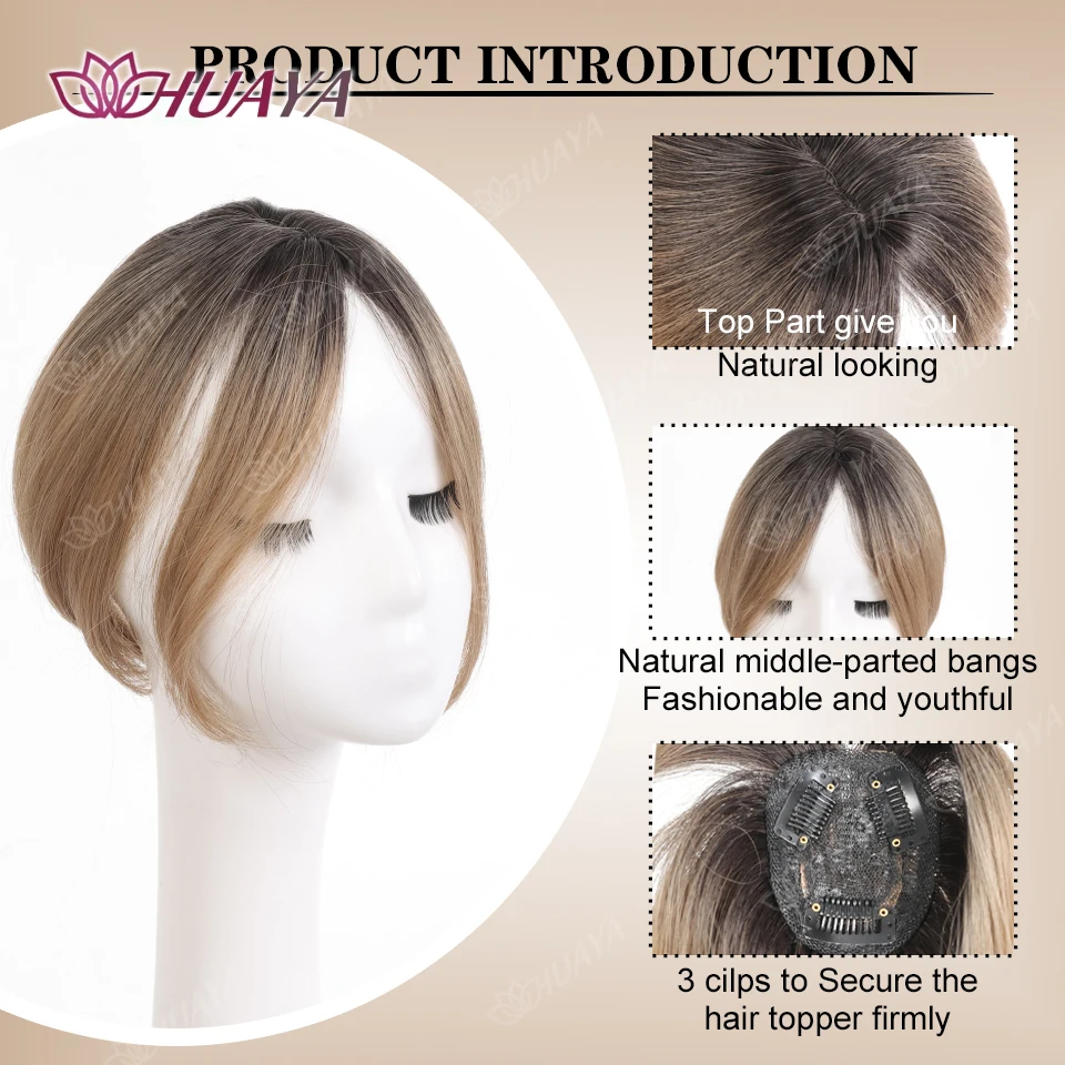 Synthetic Hair Topper With Middle-part Bangs  Brown Black Ombre Golden Invisible Toupee Hairpieces Top Hair Closures for Women