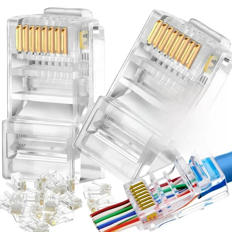 100 szt. RJ45 CAT6 CAT5e złącza przelotowe kryształowy koniec pozłacane 8P8C zaciskane UTP standardowa sieciowa wtyczka modułowa Ethernet rj45 — zdjęcie 2