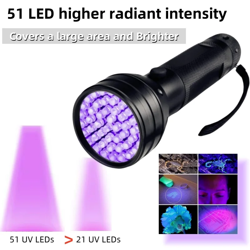 51 LED UV Light Torch 395NM Ultraviolet Flashlight Blacklight Pet Urine Scorpion Detector UV Lamp Waterproof