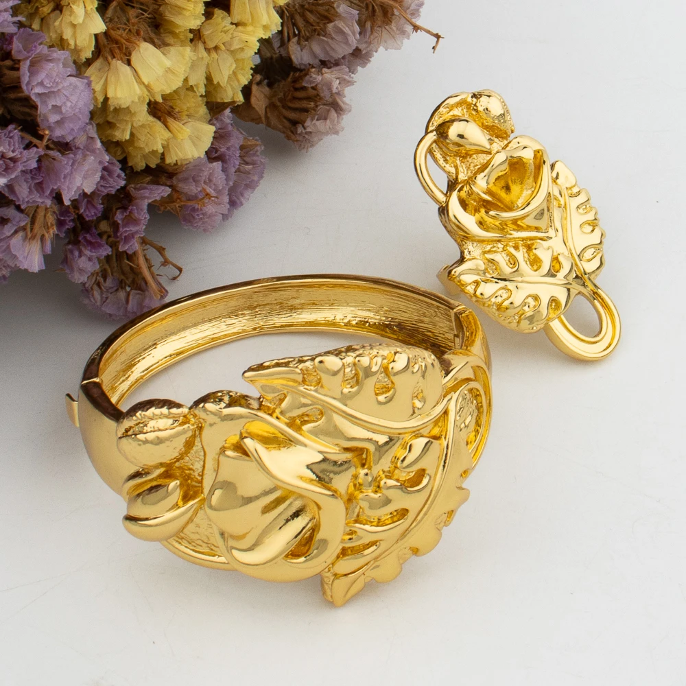 

Large Bracelet Rings Dubai Women Flower Jewelry Gold Plated Bangle Wedding Bride Fashion Party Luxury High Quality Bangles Gift