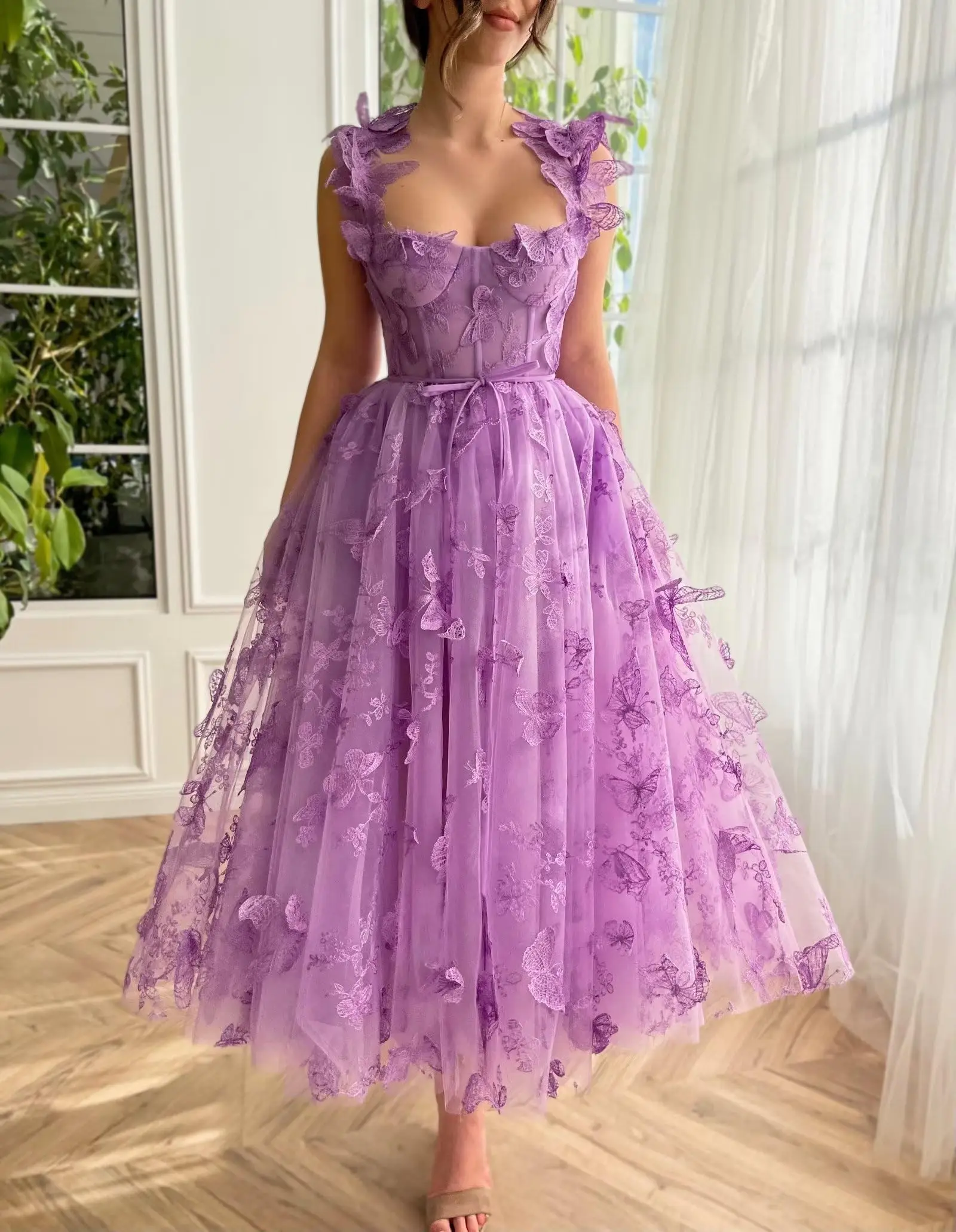 2024 Women\'s Tulle Prom Dresses 3D Butterfly Spaghetti Straps with Slit Tea Length Homecoming Dress Graduation School Party Gown