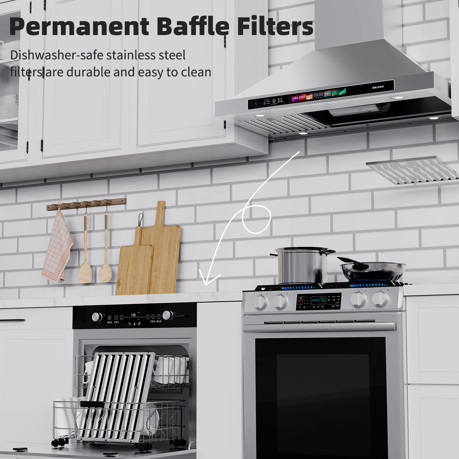 Brano 30 Inch Stainless Steel Wall Mount Range Hood, 900 CFM, Convertible with LED Lights and Charcoal Filter