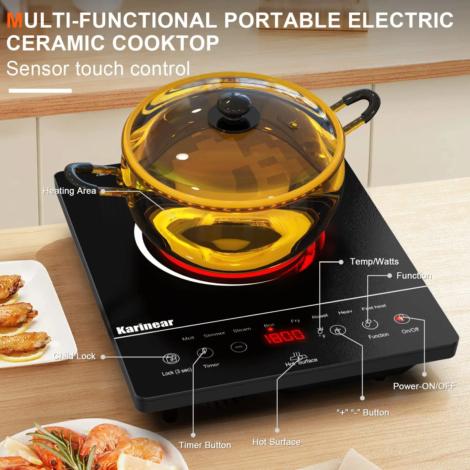 Karinear Portable Electric Cooktop, Electric Stove Single Burner Ceramic Cooktop with Touch Control, Child Safety Lock, Timer, Residual Heat Indicator, Overheat Protection, 1800W 110V Infrared Burner | Ceramic Cooktop, Sensor Touch Control,Safety Lock, Ti
