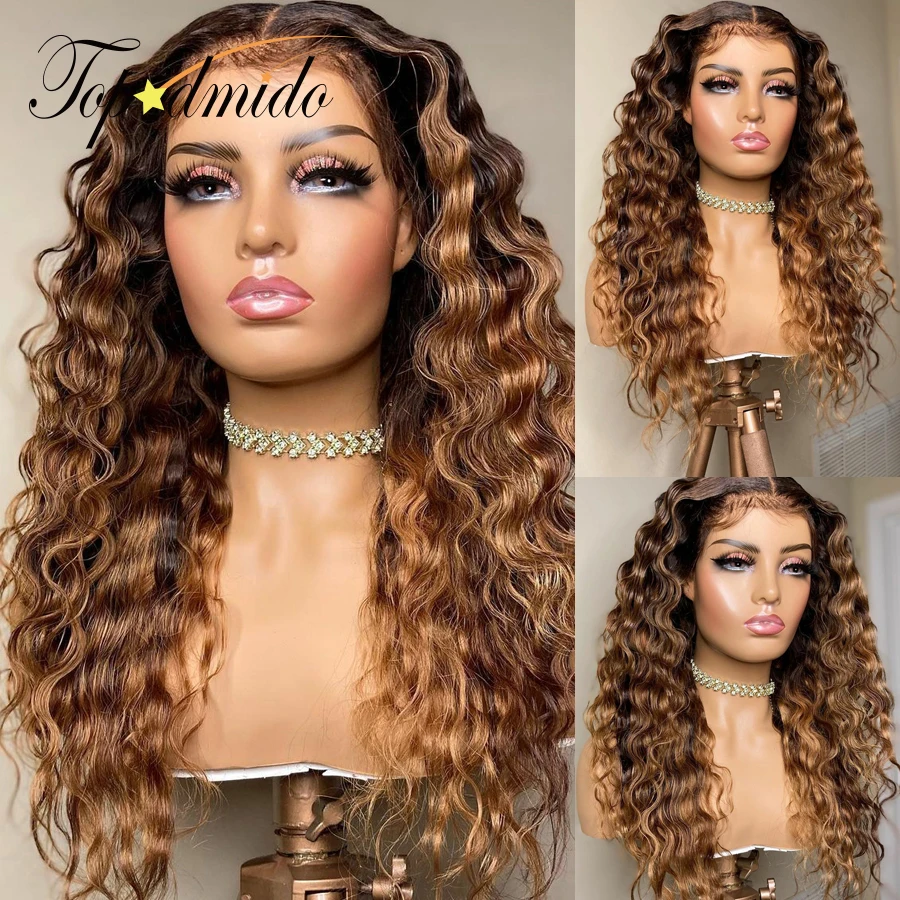 TOPODMIDO 18 inches 13x6x1 #4 Color Lace Front Wig with Baby Hair Deep Wave Peruvian Hair Glueless T Part Wigs Transparent Lace