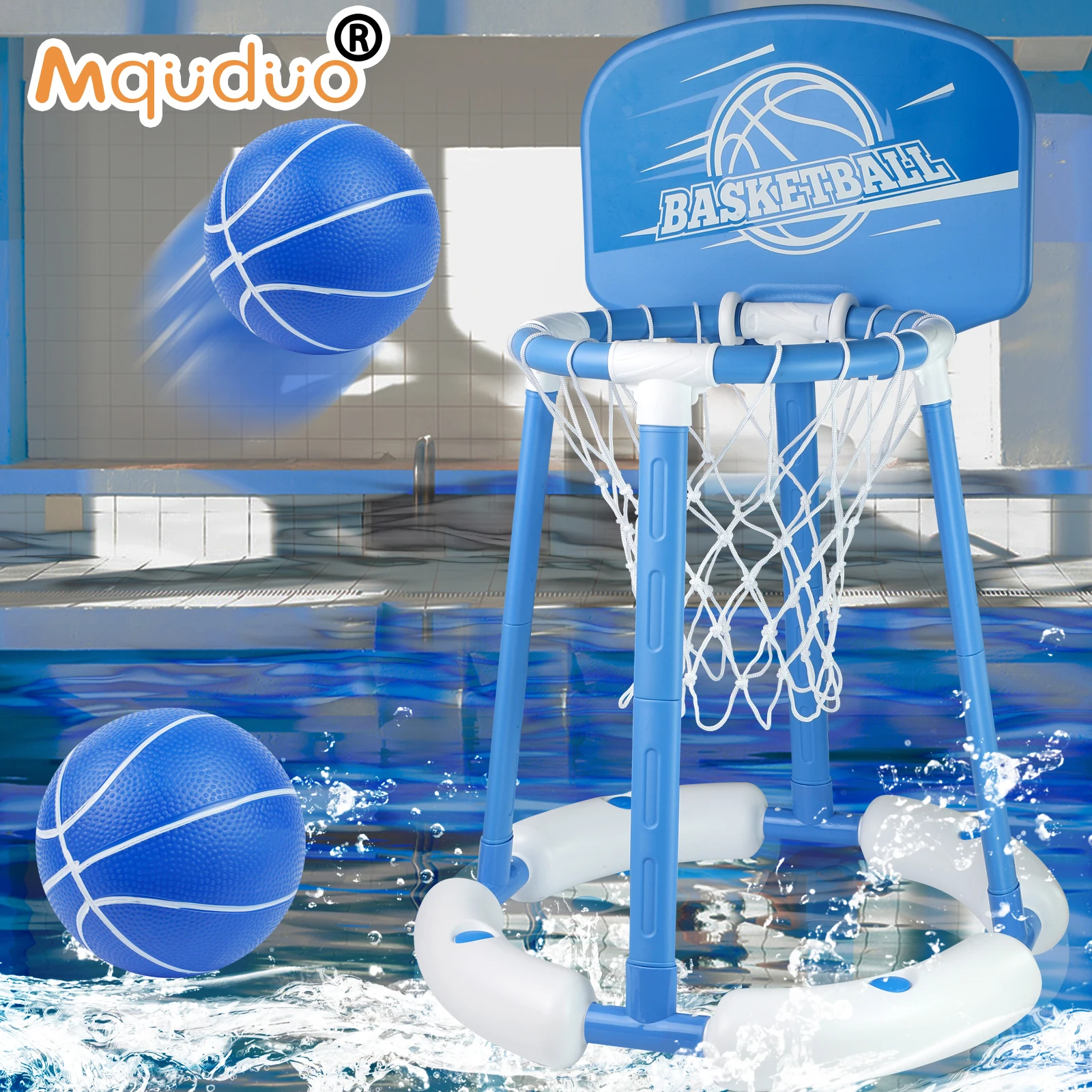 Floating Pool Basketball Hoop with Backboard, 2 Balls & Pump – Stable 4-Leg Set for Indoor/Outdoor Kids Water Play
