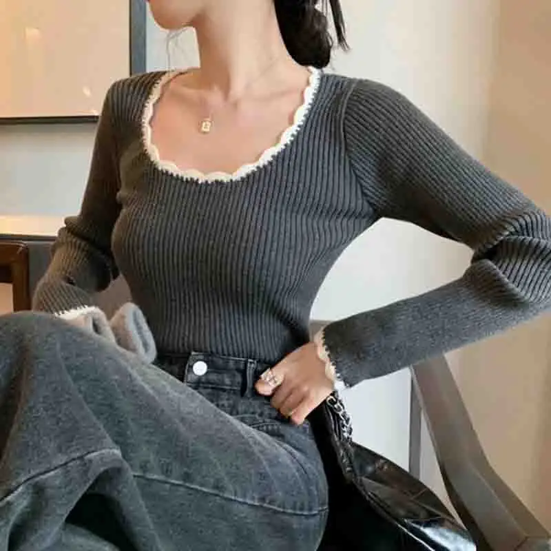 Autumn Winter Lace O Neck Knitted Pullover Sweater for Women Long Sleeve lim Soft Knitted Tops Casual Sweater Bottoming Shirt 20