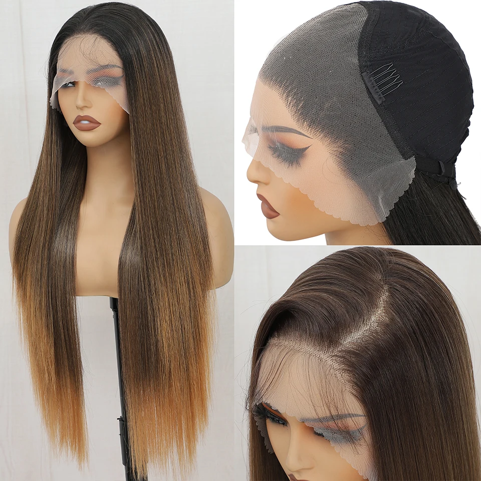 Synthetic Lace Front Part Wig For Women Natural Black Colored Bone Straight Prepluck Bleach Knots Baby Hair Soft Cosplay Daily