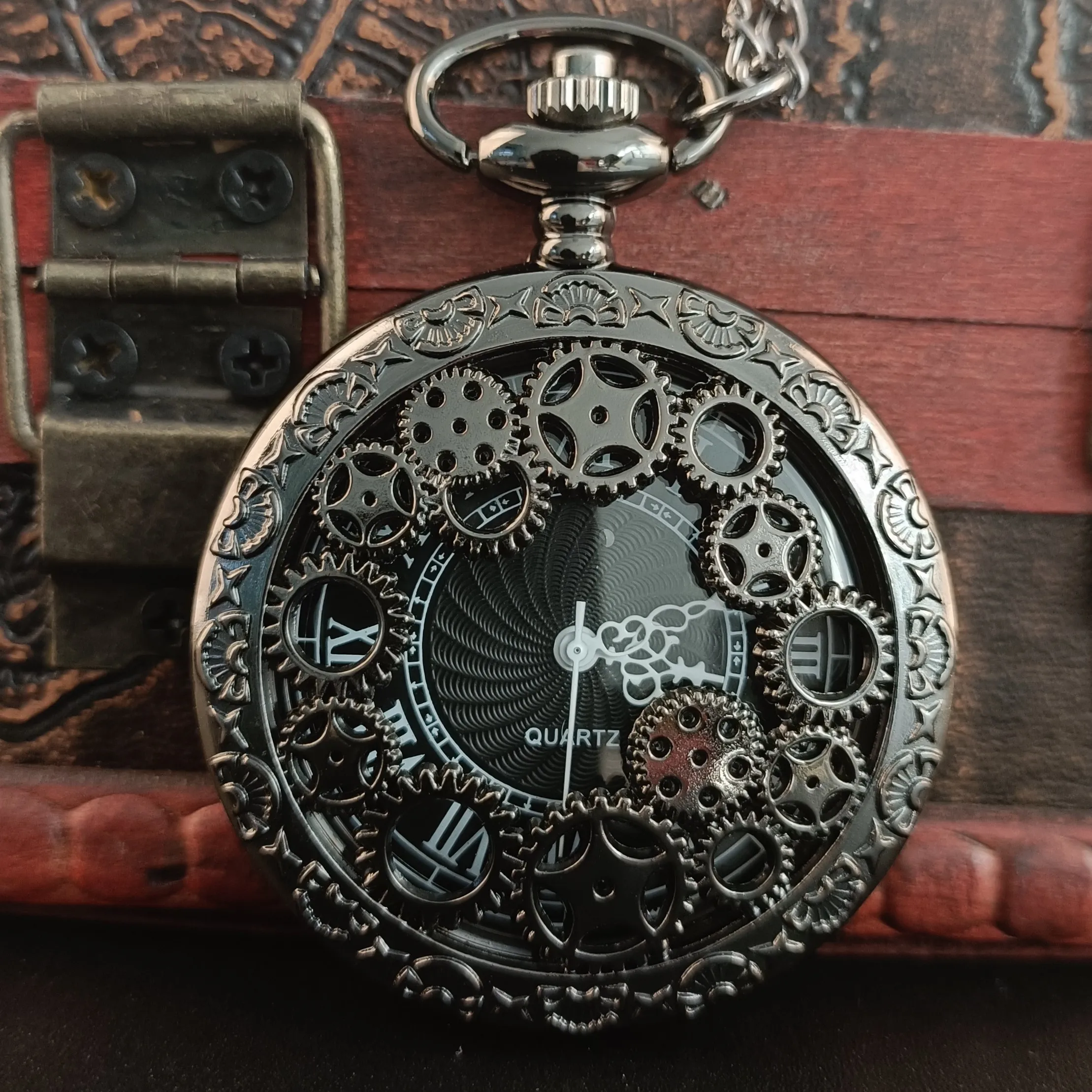 Steampunk Black Cool Skeleton Gear Pocket Watch For Men Women Personalised Quartz Movement Chain Fob Watches reloj hombre
