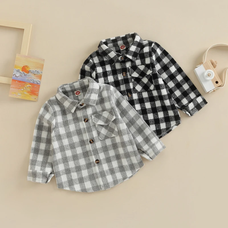 Children Plaid Lapel Collar Button Shirt Coat Jacket for Girls Boy Baby Kids Spring Autumn Children\'s Warm Outerwear