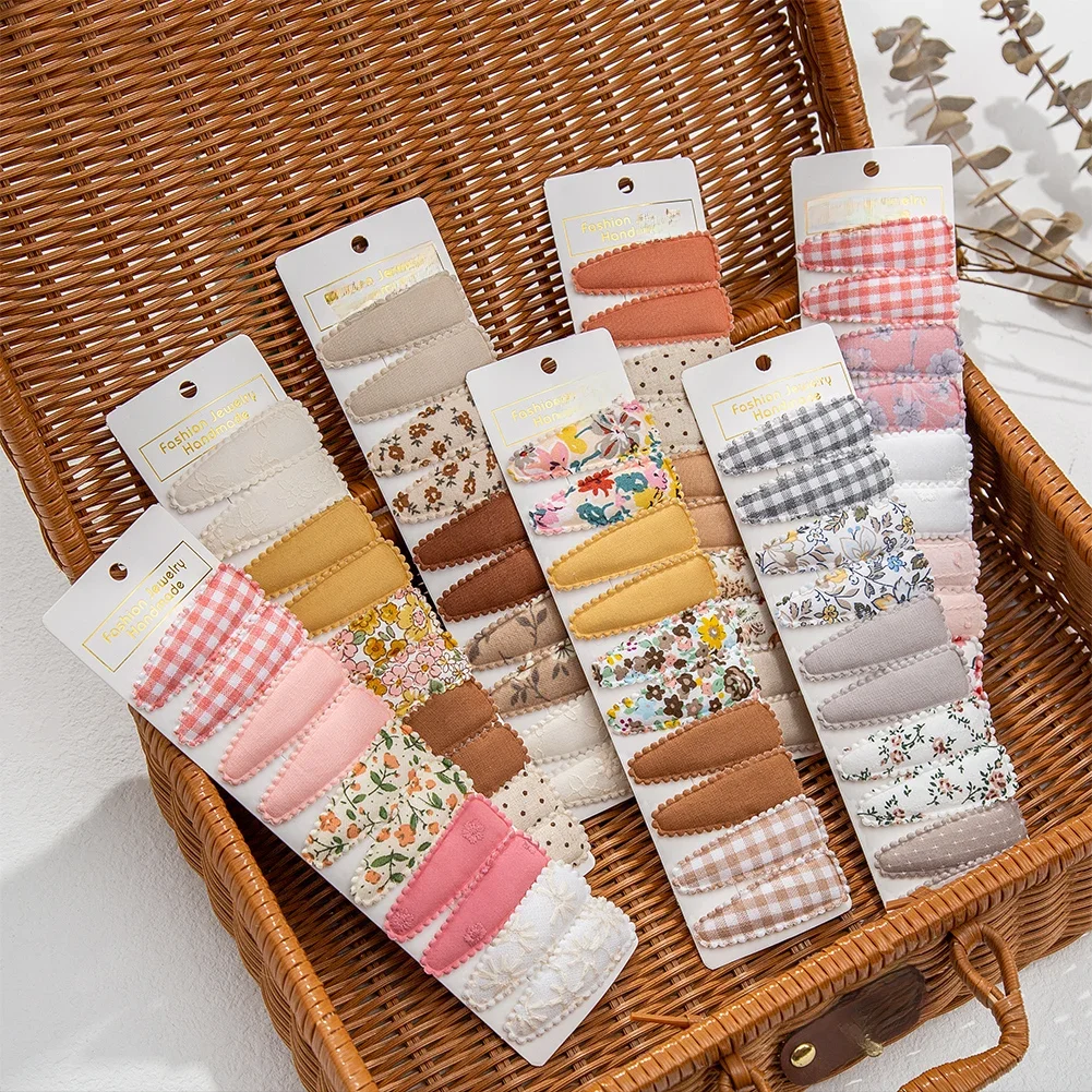 10Pcs/Lot Ins 6cm Flower Print Cotton Alloy Hair Bow Snap Clips Set Fabric Plaid Bobby Hairpins Hairgrips Girls Kids Headwear — zdjęcie 2