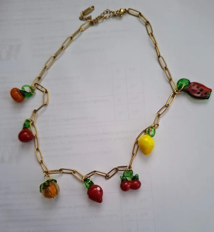 Women's Colorful Fruit Charm Necklace - Dopamine Hypoallergenic Stainless Steel Chain, Summer Vibe Beach Jewelry for Vacation photo review