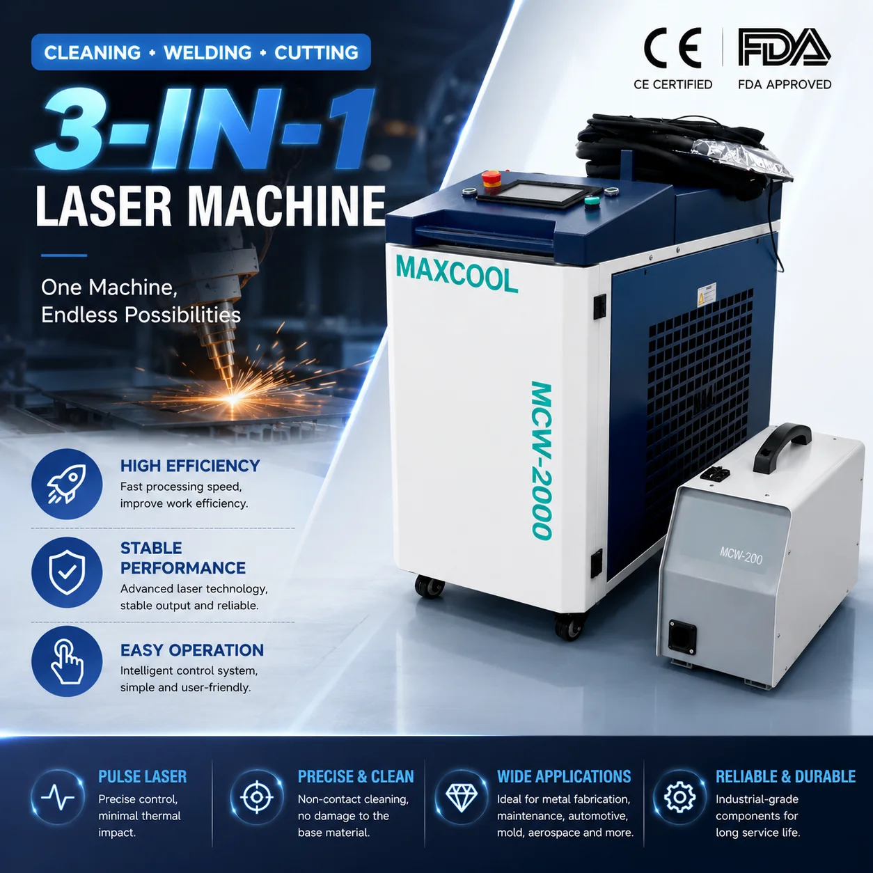 1.5kW 2kW Continuous Wave Fiber Laser Cleaner for Pre‑Weld Oxide Elimination & Weld Seam Post‑Cleaning Metal Surface Restoration