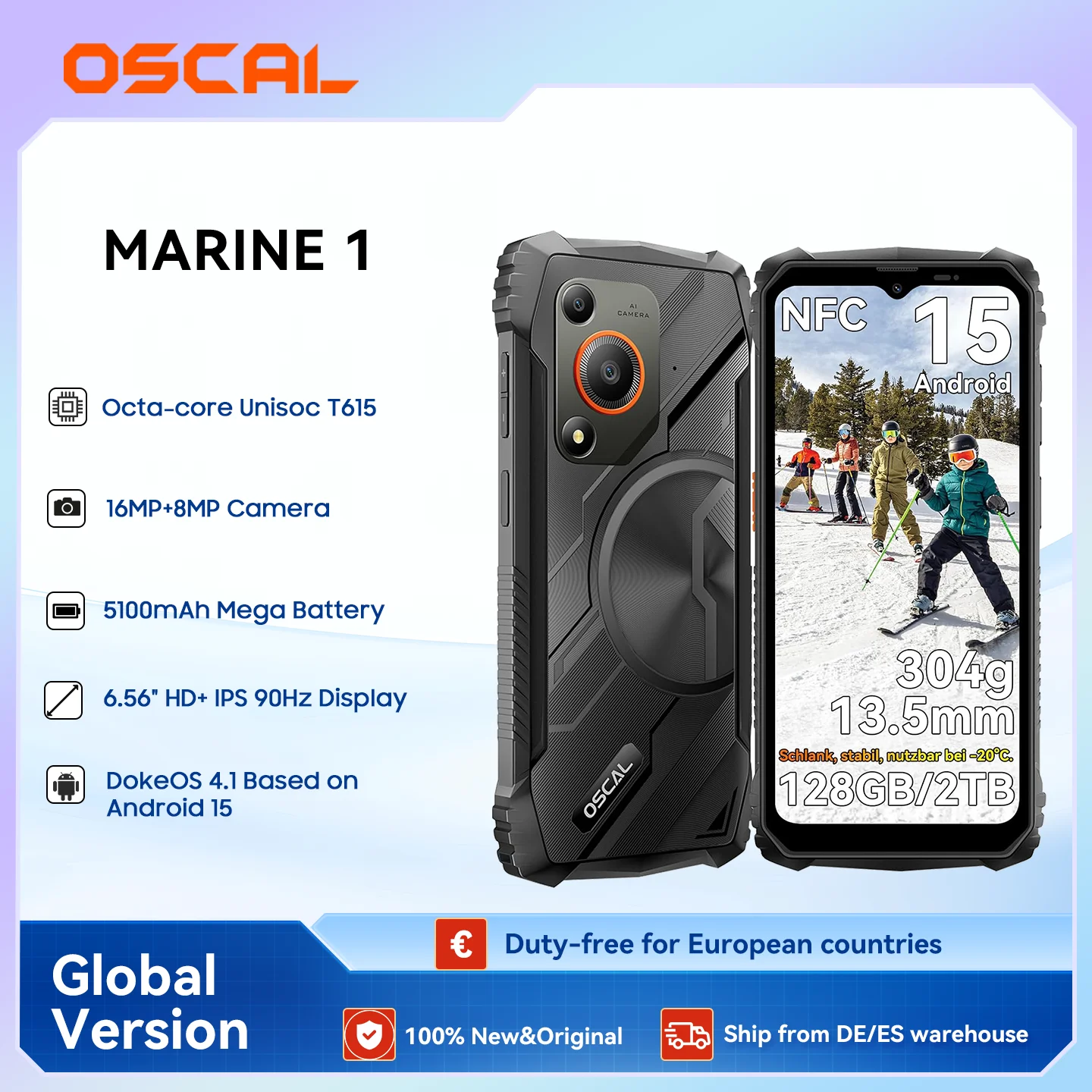 Oscal MARINE 1 Smartphone extérieur 6,56 pouces HD + écran Unisoc T615 Android 15 téléphone robuste 4 Go + 128 Go, 5100 mAh, téléphone portable NFC