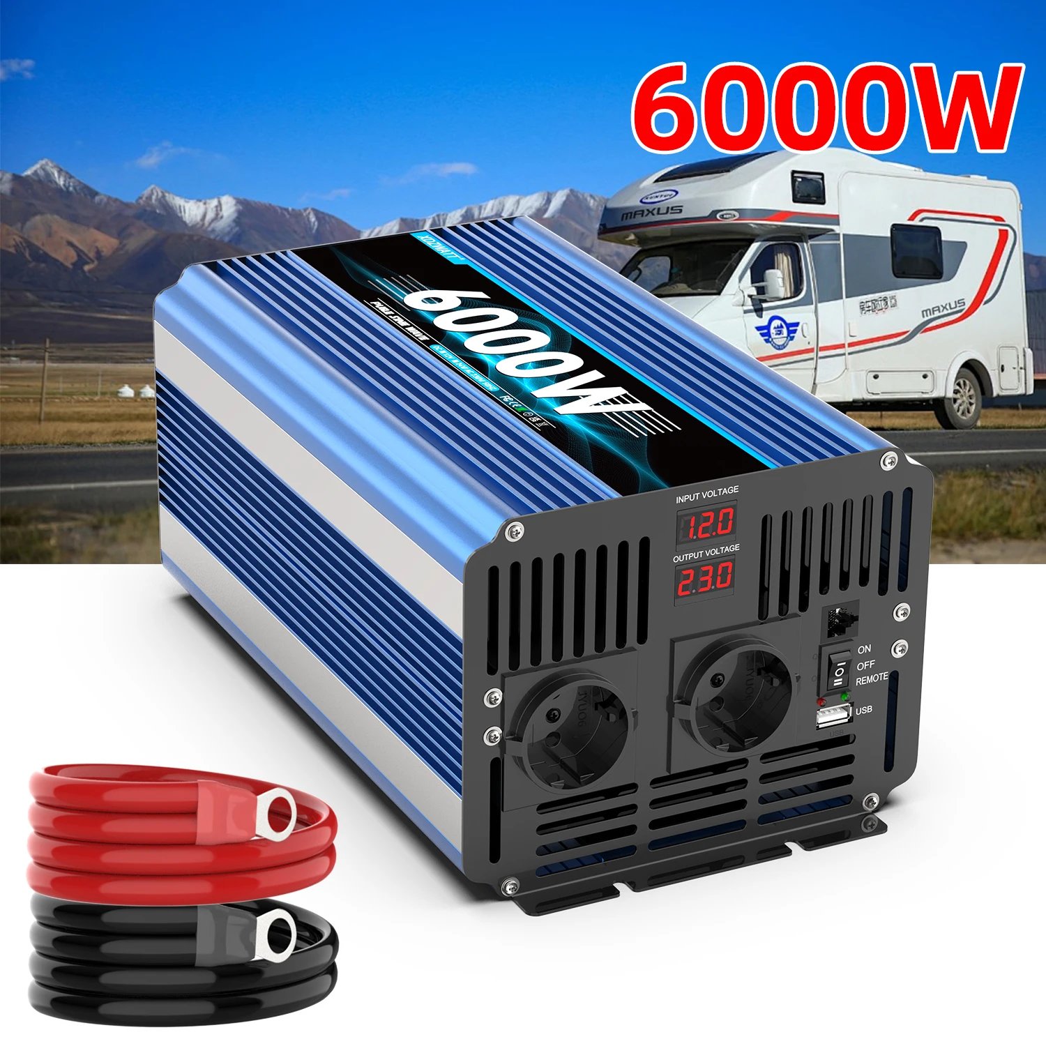 Pure Sine Wave Power Inverter 6000W DC 12V 24V To AC 230V Frequency Converter 50hz LED For Car Inverter Transformer Solar Panel