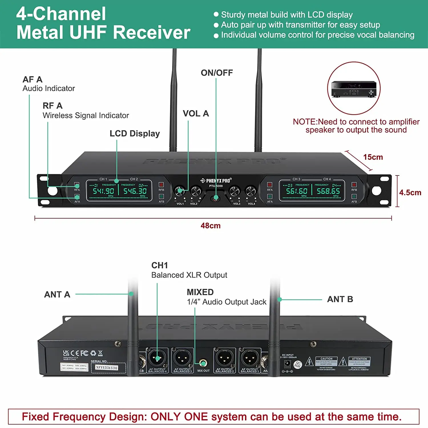 Phenyx Pro 4-Channel UHF Wireless Mic Set with Handheld/Bodypack/Headset/Lapel Mics Wireless Microphone System Church PTU-5000